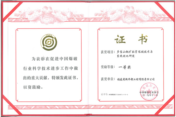 中國爆破行業(yè)協(xié)會(huì)一等獎(jiǎng)