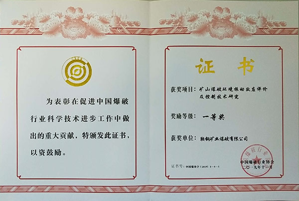 中國爆破行業(yè)協(xié)會(huì)一等獎(jiǎng)